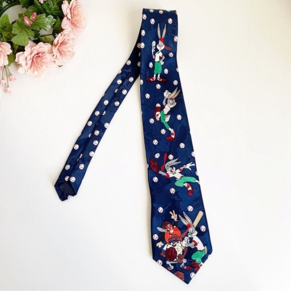 Vintage 1994 Looney Tunes Mania Blue Baseball Characters Printed Necktie
